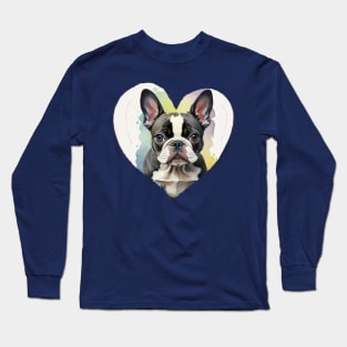 Cute Boston Terrier Watercolor Heart Long Sleeve T-Shirt